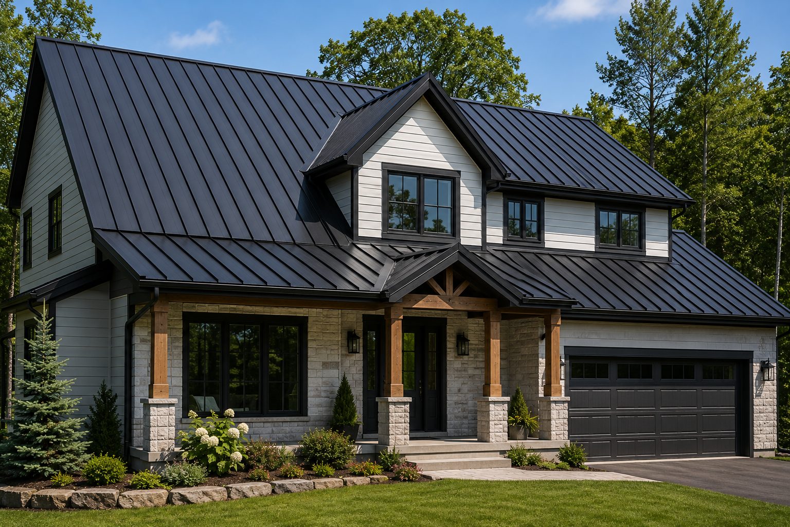 Modern New Brunswick home with a black standing seam metal roof completed by Brubacher Roofing and Contracting