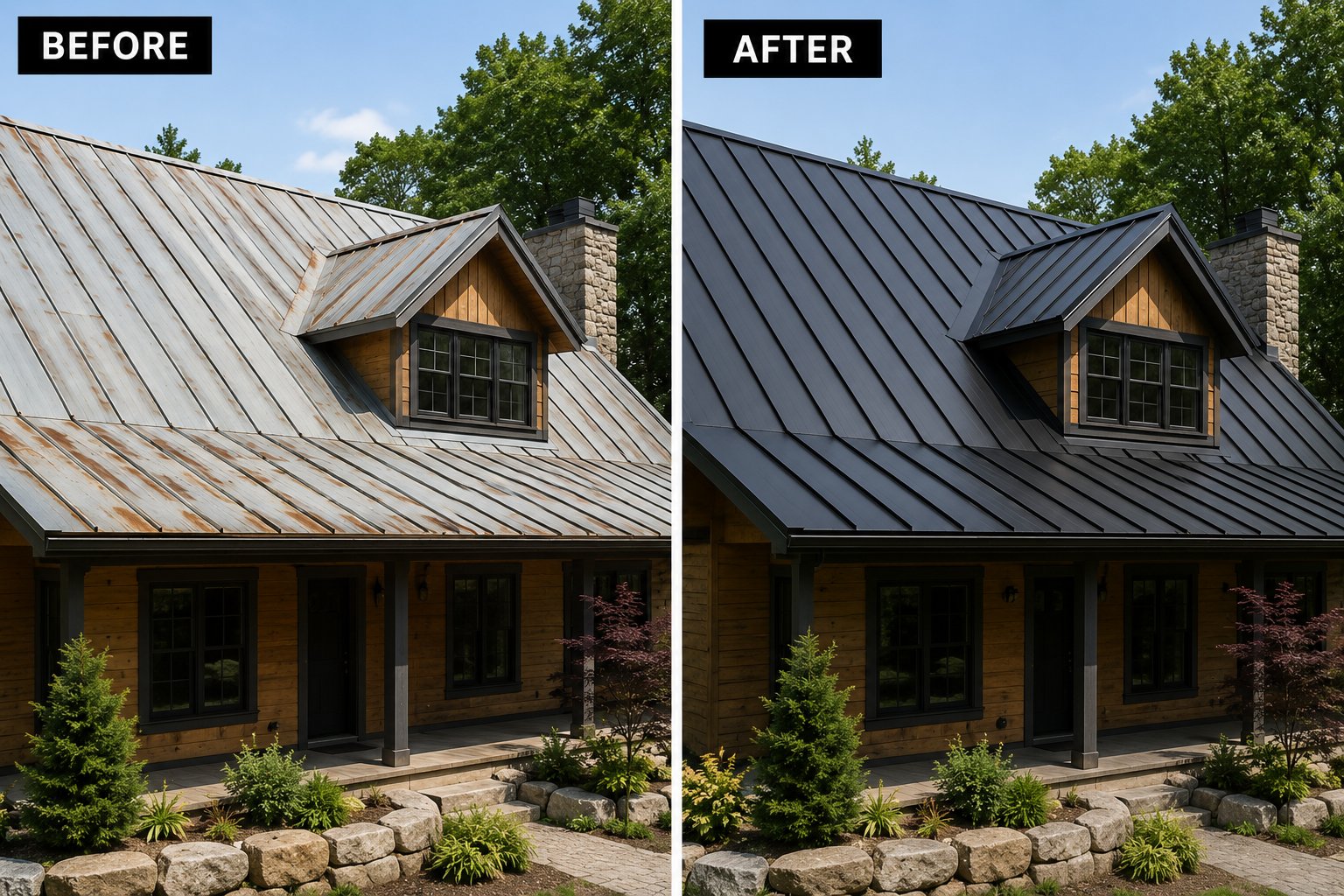 Before and after metal roof installation on a New Brunswick property, rusted panels replaced with a new black standing seam roof