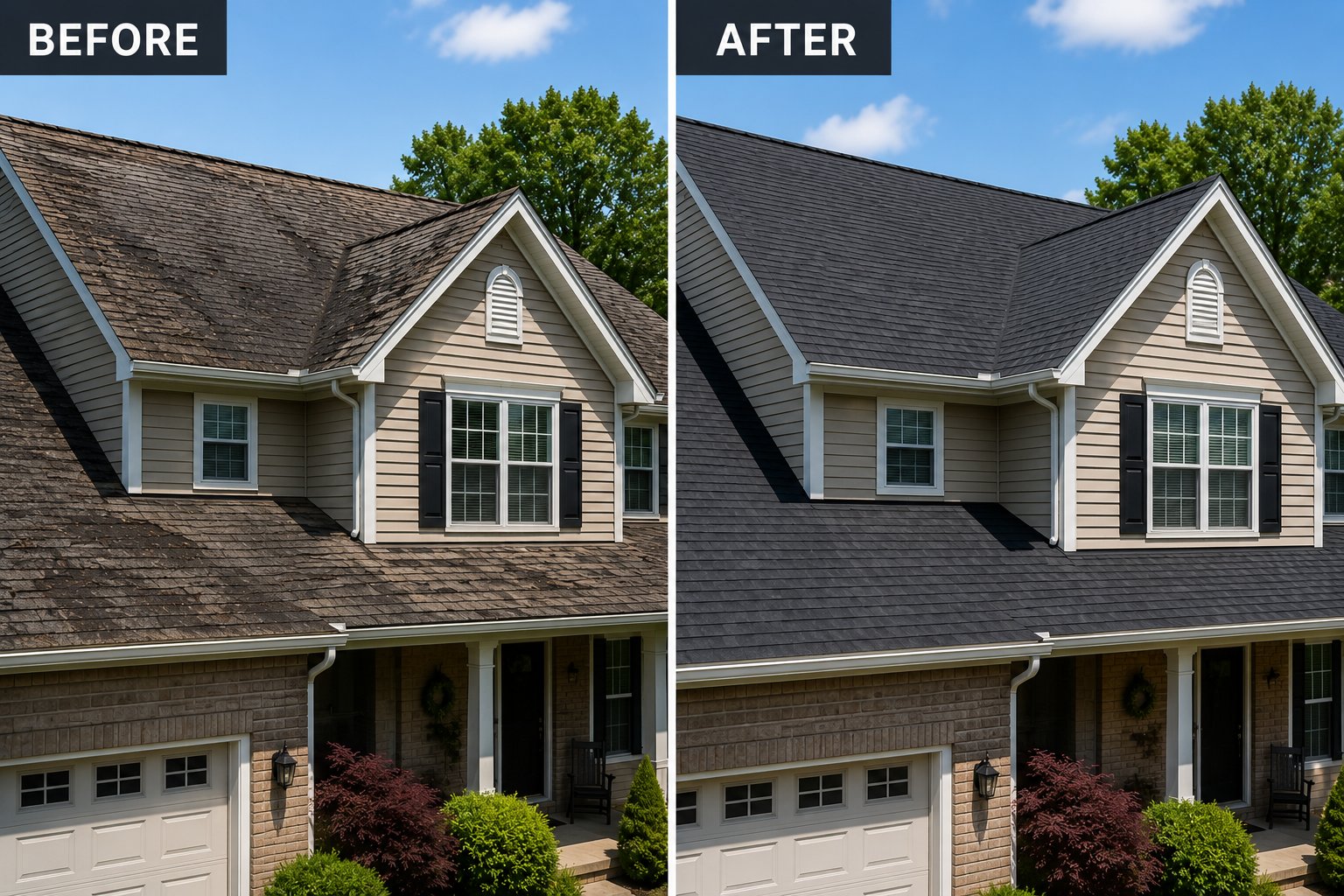 Before and after asphalt shingle roof replacement on a New Brunswick home, faded brown shingles replaced with dark grey architectural shingles