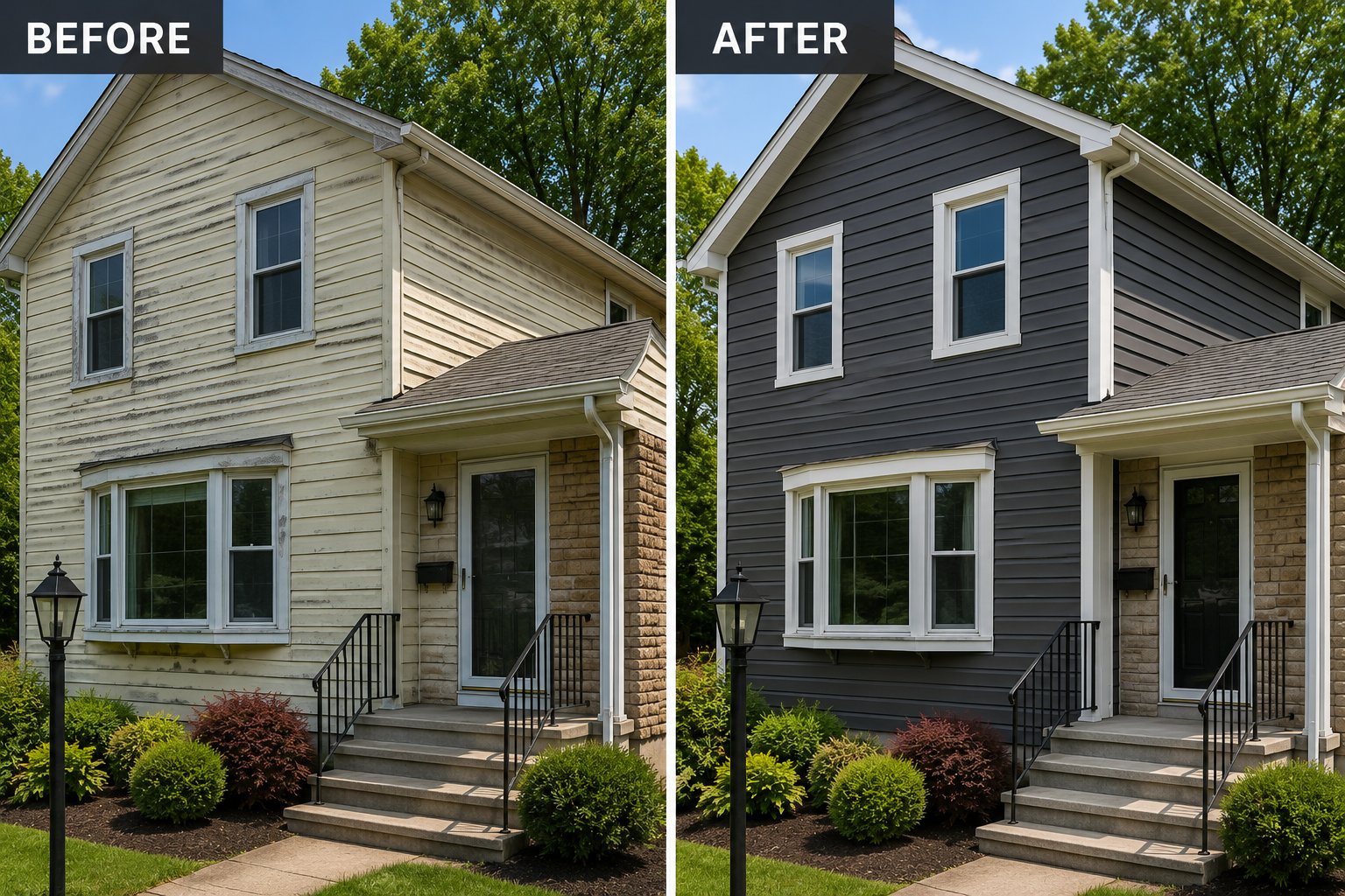 Before and after siding installation on a New Brunswick home, faded worn siding replaced with dark charcoal siding