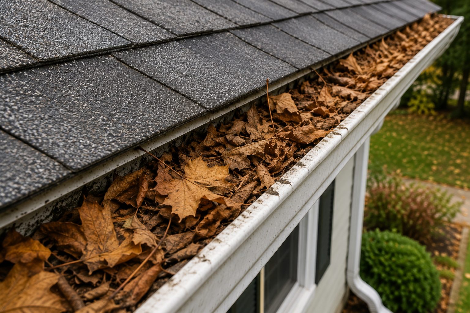 Close-up of a residential gutter completely packed with dry autumn leaves before cleaning