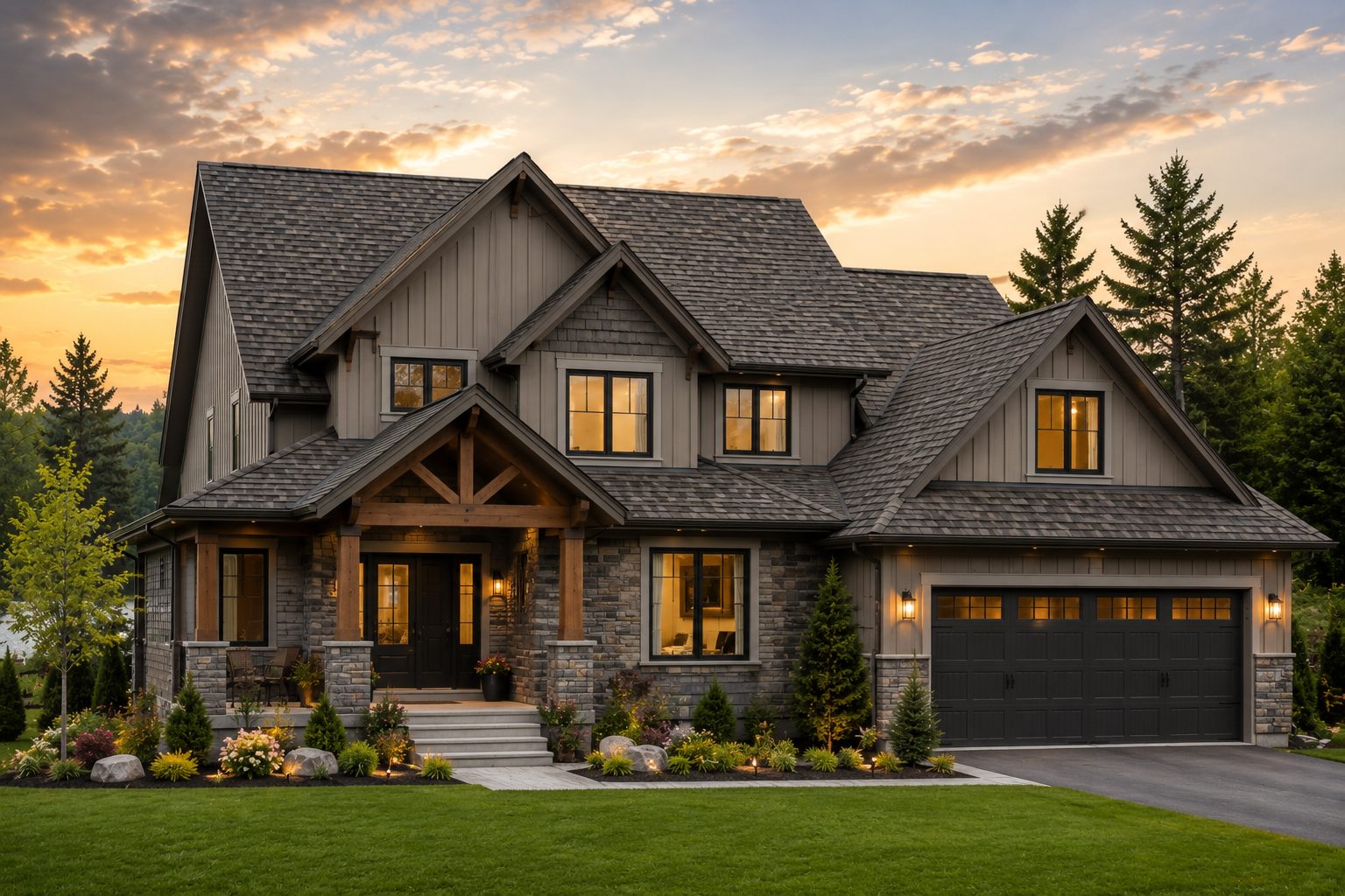 New Brunswick home with a newly installed dimensional asphalt shingle roof at dusk