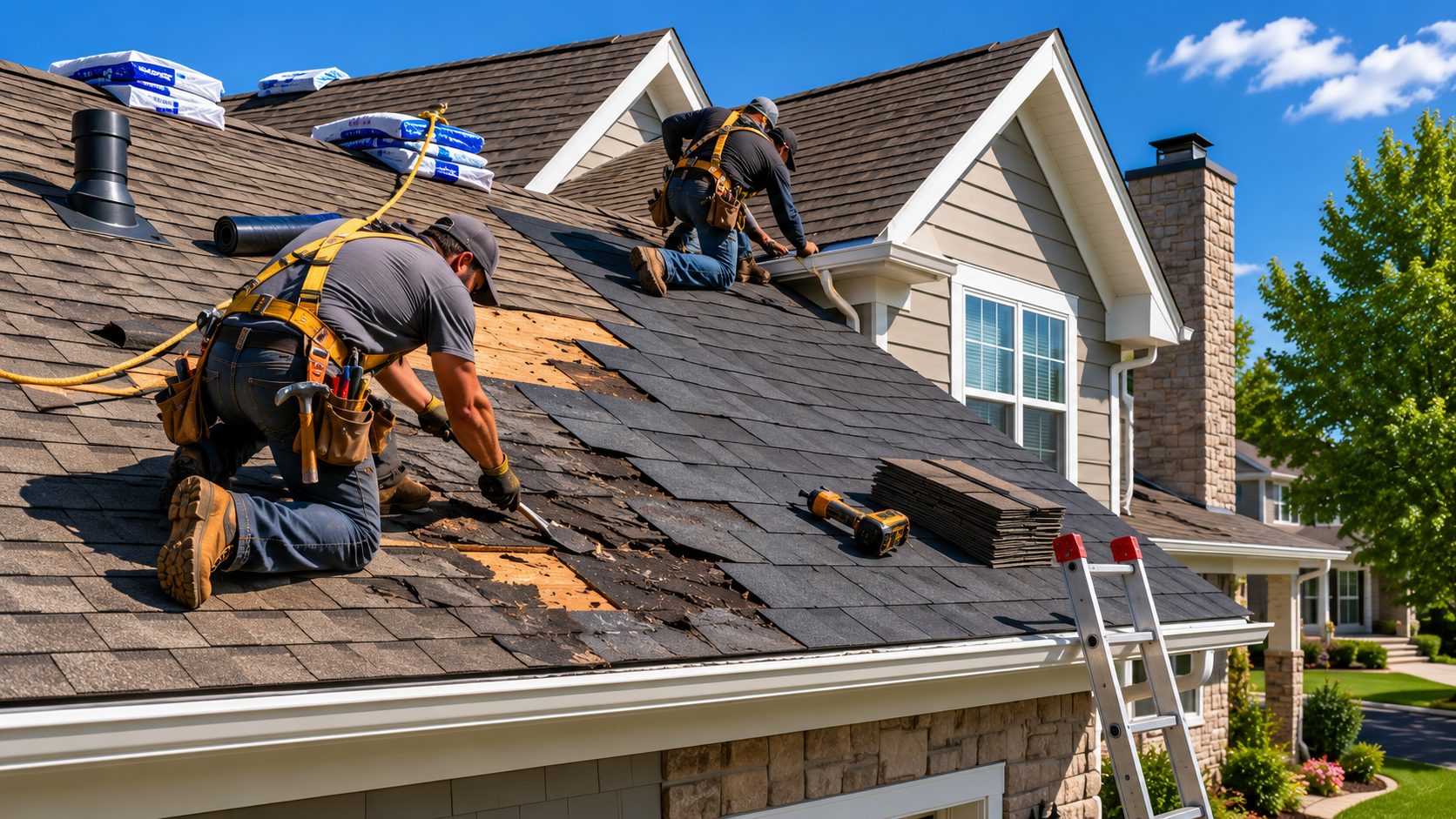 Two roofers tearing off and repairing damaged shingles on a New Brunswick home