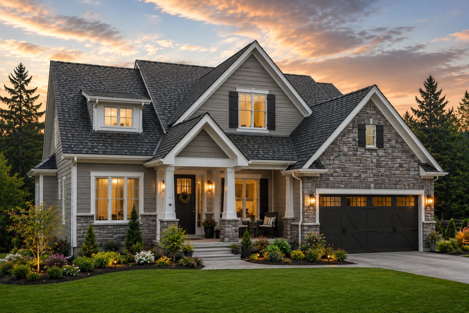 New Brunswick home with a newly installed dimensional asphalt shingle roof at dusk