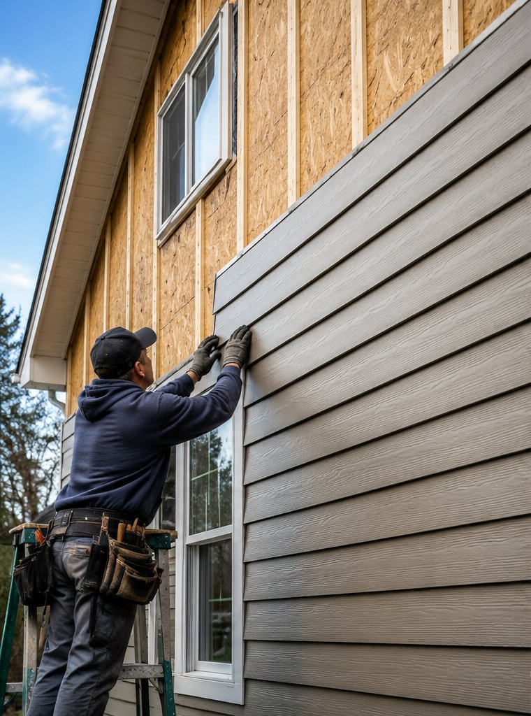 Contractor installing vinyl siding panels on a New Brunswick home exterior