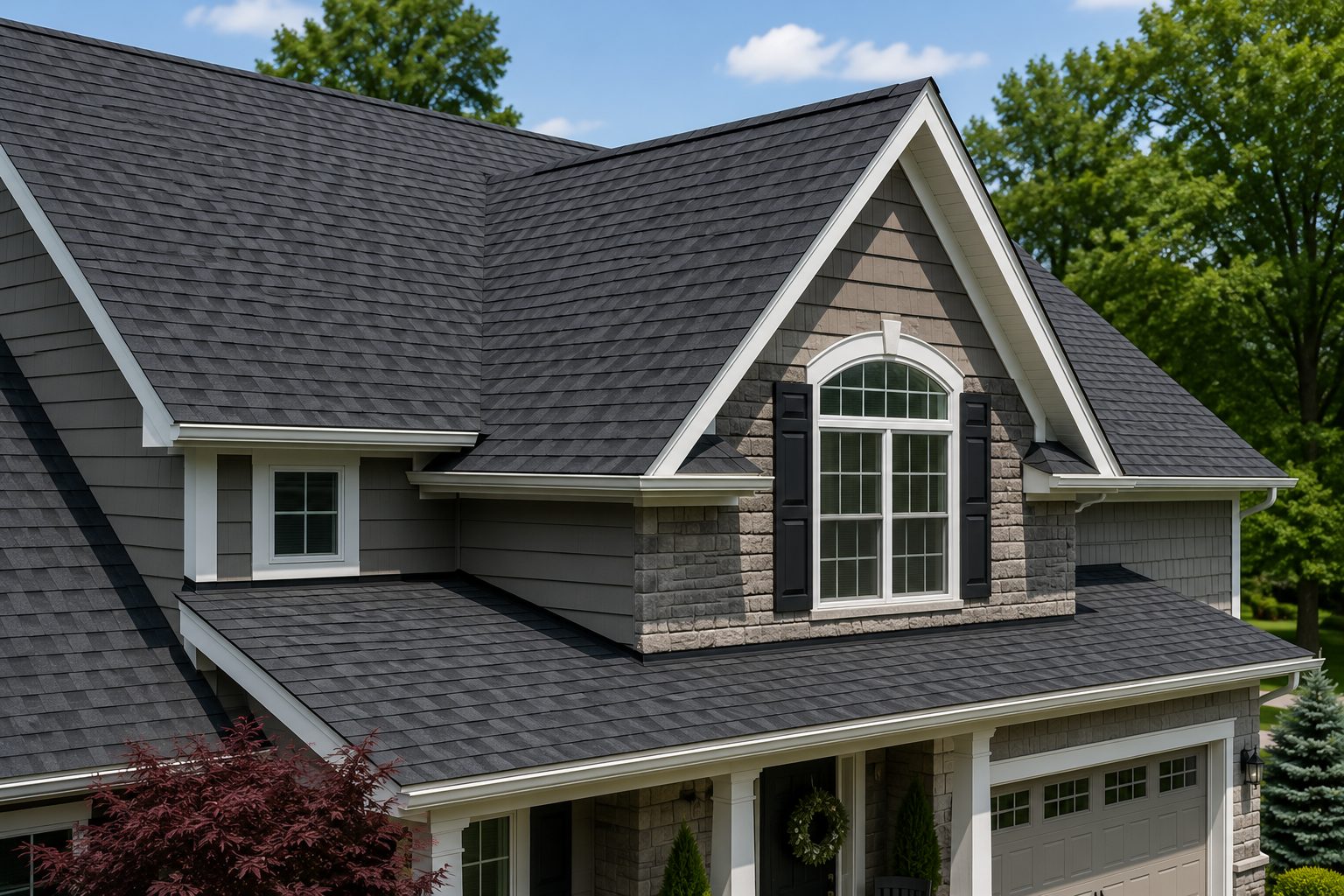 Close-up of a dark architectural shingle roof and gable detail on a New Brunswick home